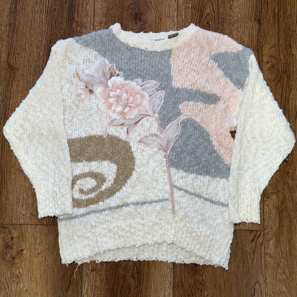 80s Sheridan Square Vintage Floral Pearl Knit Sweater Womens M Cream Pink Granny